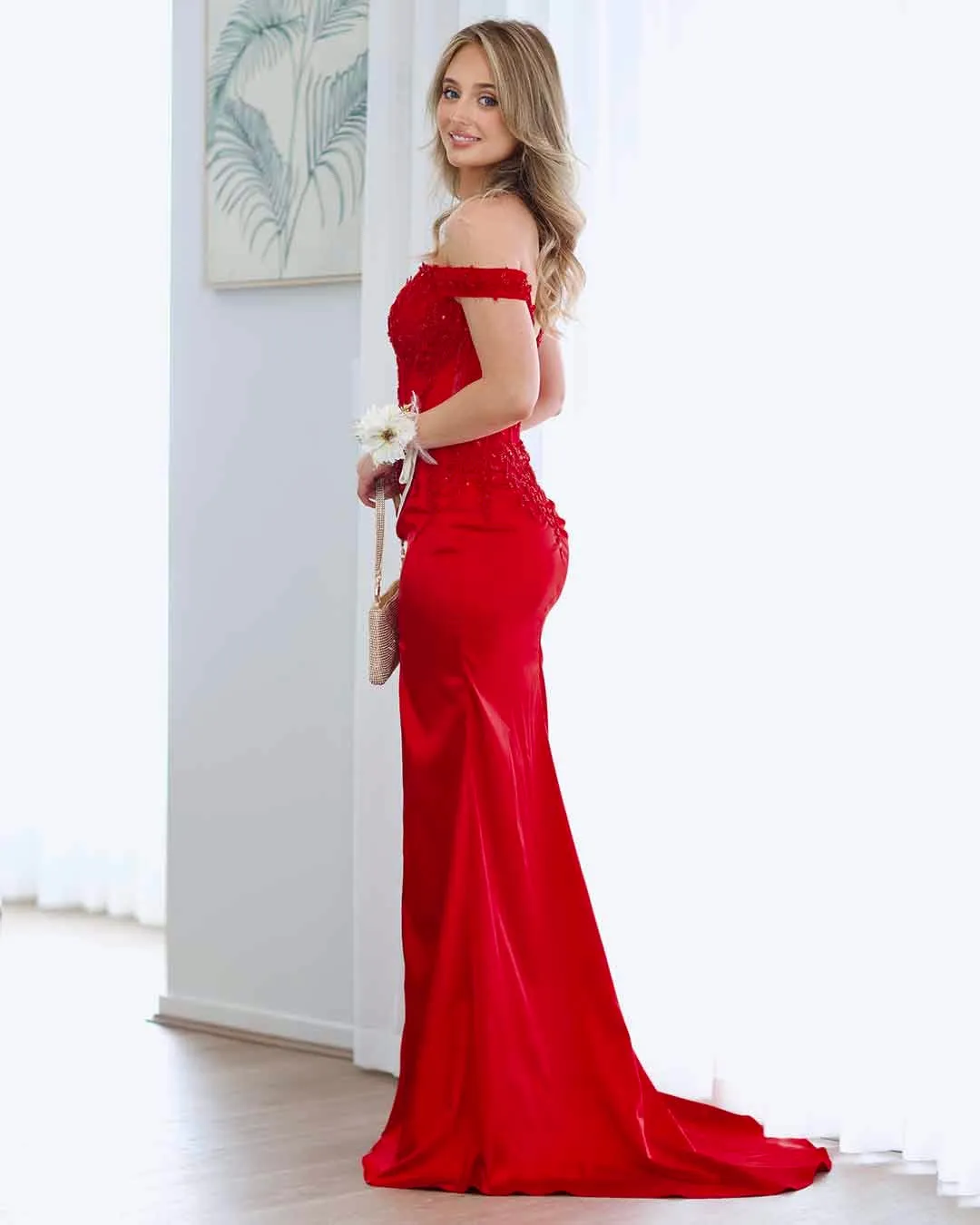 Lorel Beaded Lace Corset Gown - Red