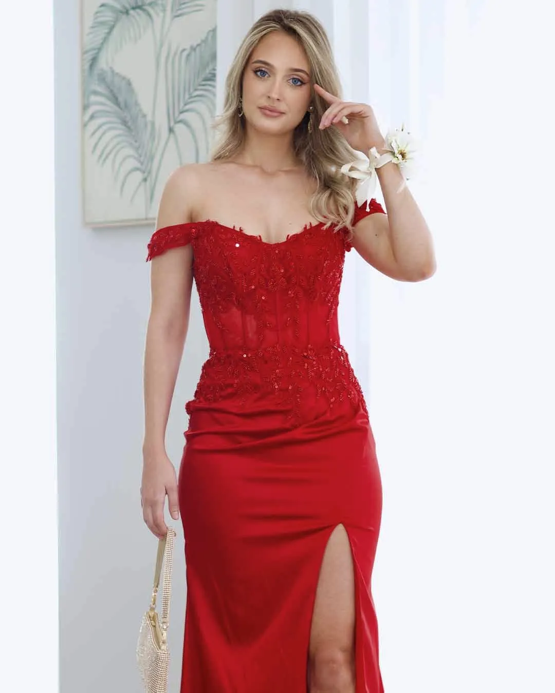 Lorel Beaded Lace Corset Gown - Red