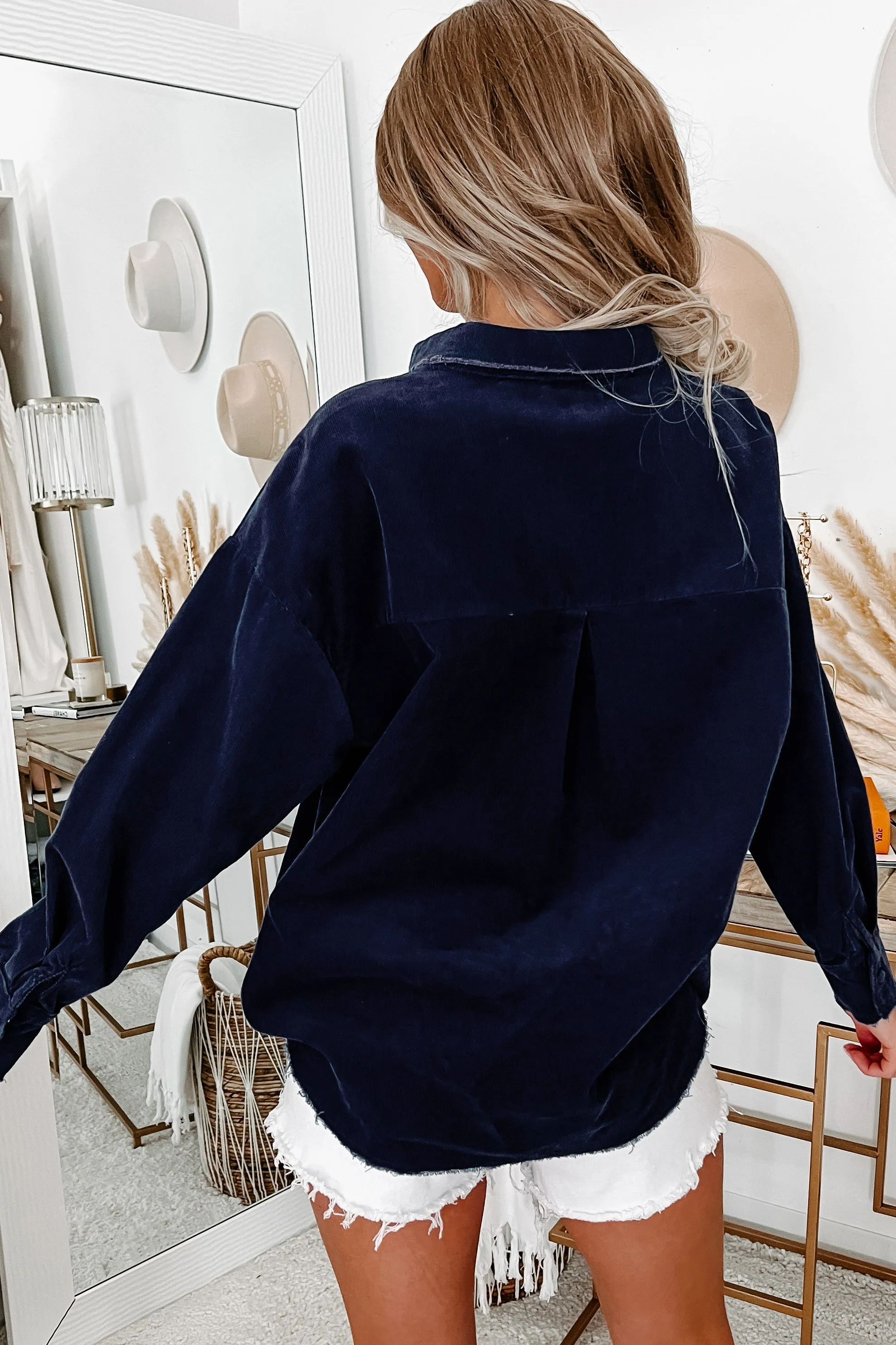 Mack Corduroy Raw Hem Button-Down (Dark Blue)
