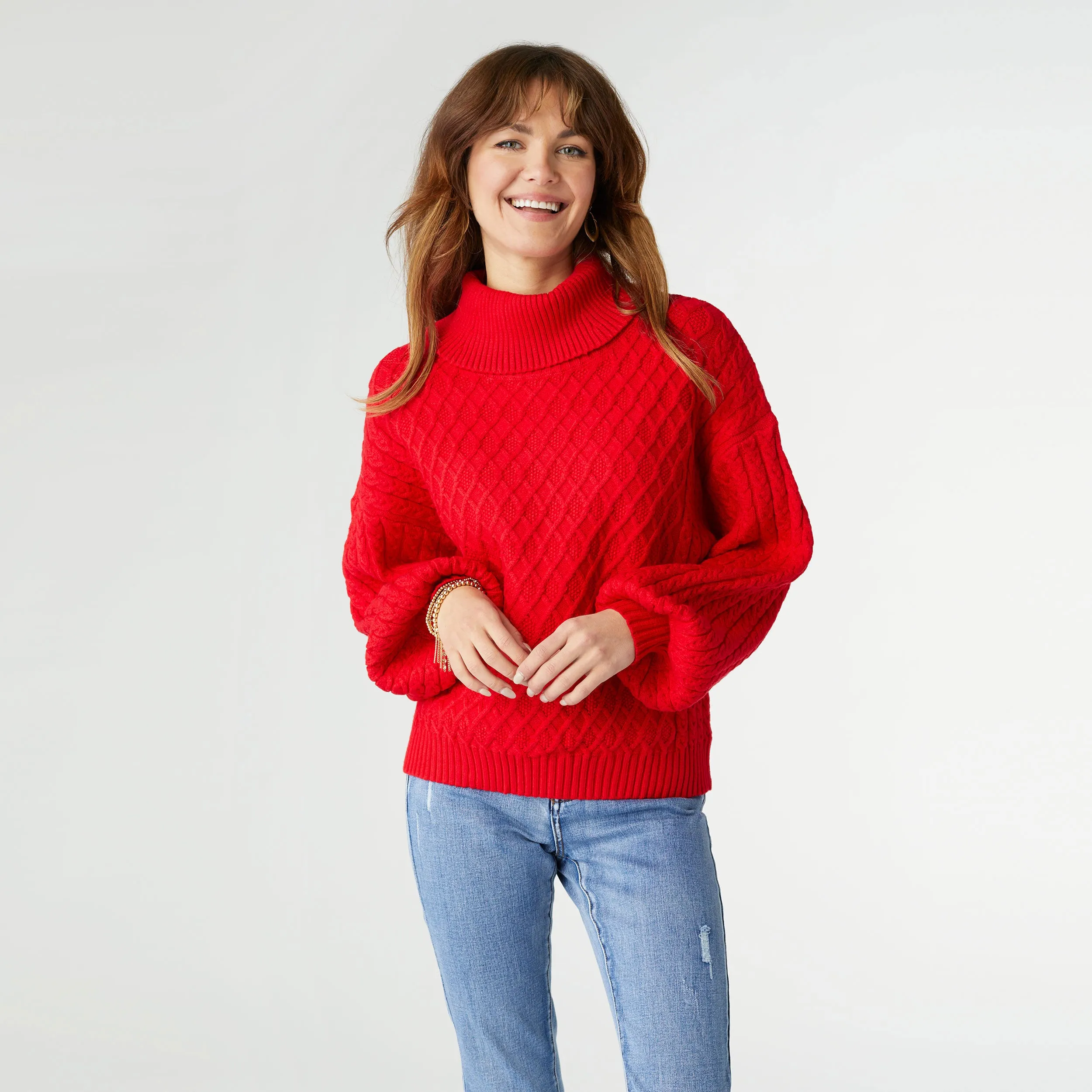 Maren Cable Knit Turtleneck Sweater - Red - Final Sale