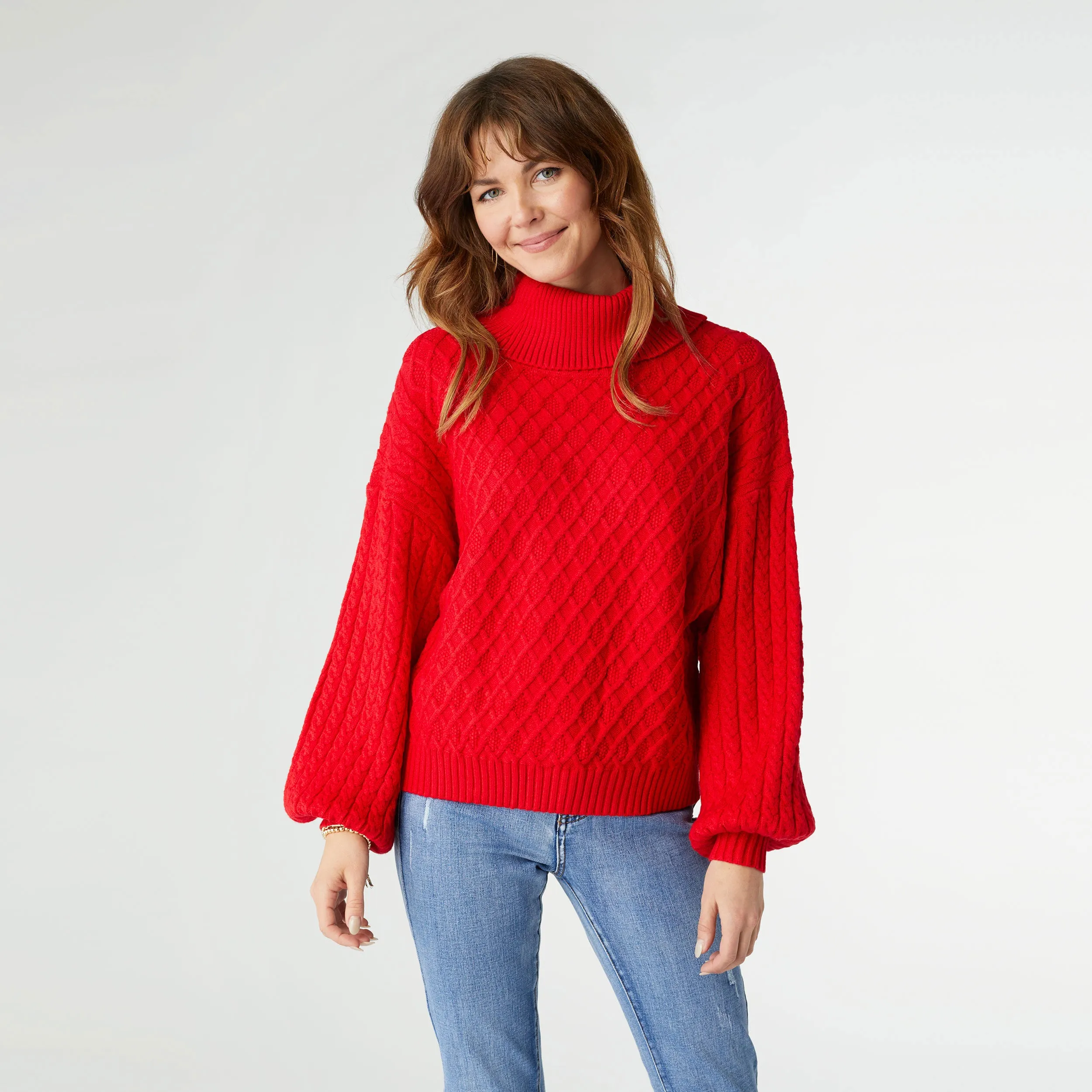 Maren Cable Knit Turtleneck Sweater - Red - Final Sale