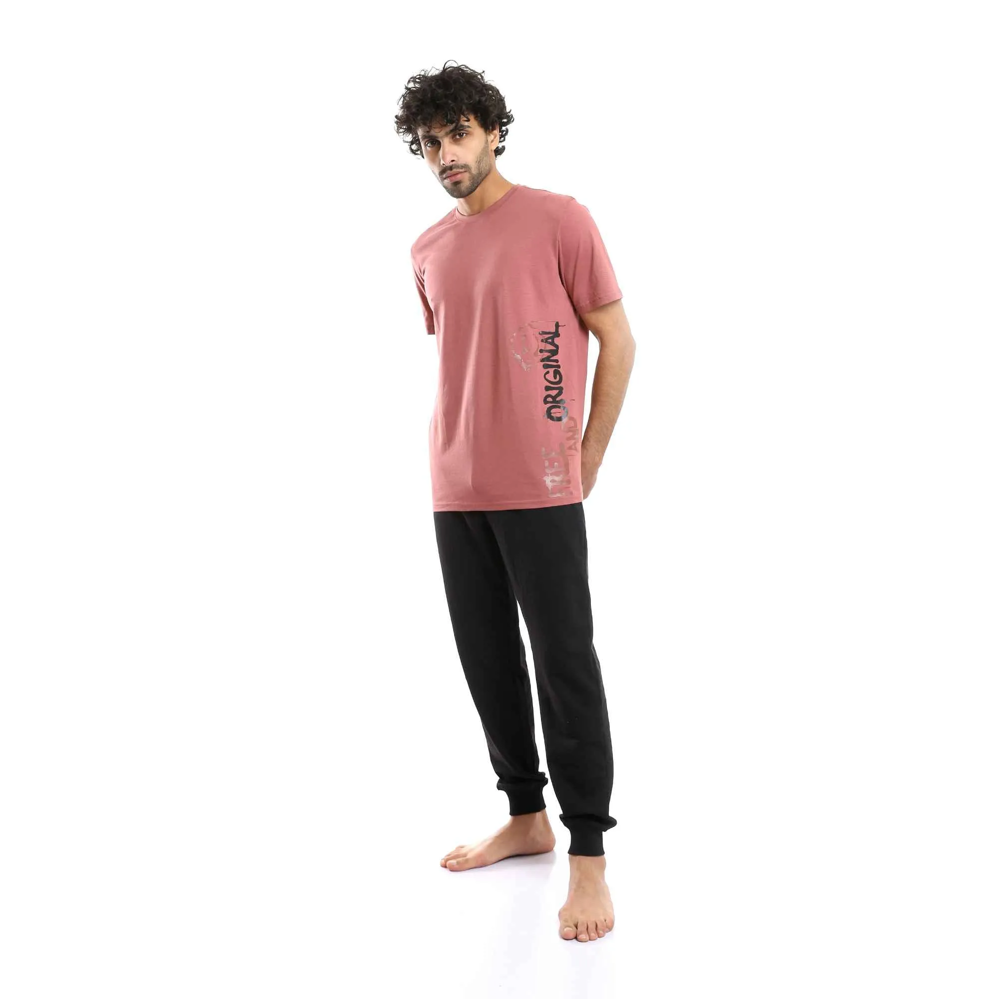 Men Printed Summer Tee & Solid Pants Pajama Set - Cashmere & Black