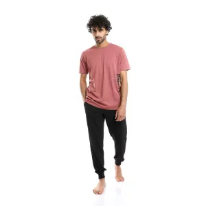 Men Printed Summer Tee & Solid Pants Pajama Set - Cashmere & Black