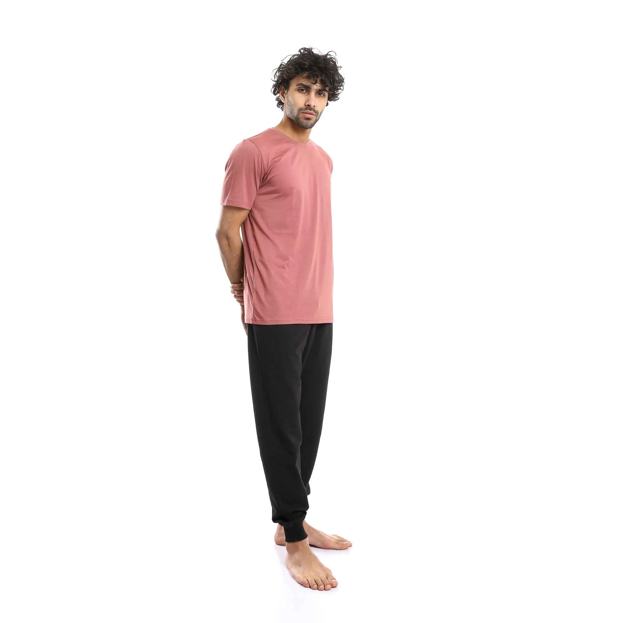 Men Printed Summer Tee & Solid Pants Pajama Set - Cashmere & Black