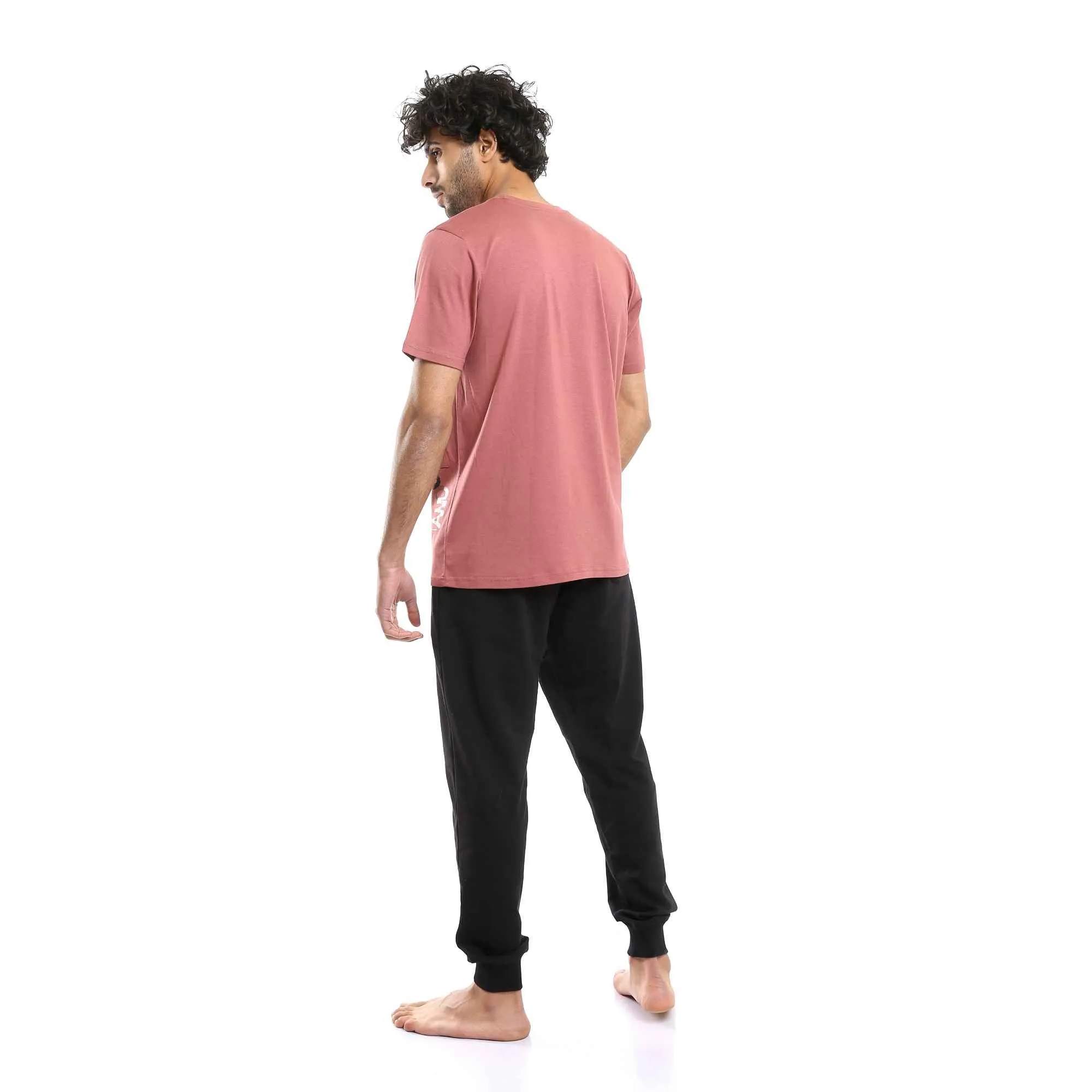 Men Printed Summer Tee & Solid Pants Pajama Set - Cashmere & Black