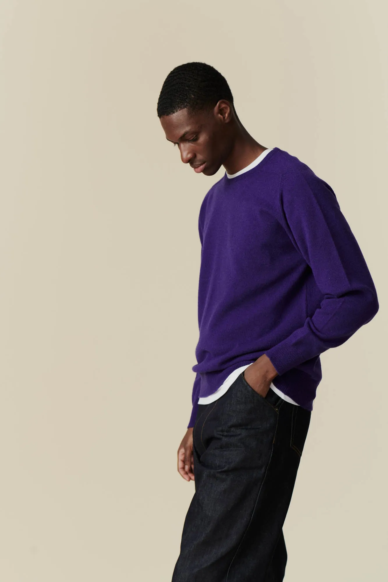 Men's Lambswool Saddle Shoulder Crew Neck - Purple