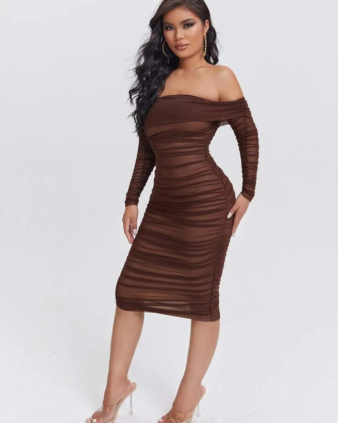 Off-Shoulder Dress With Open Mesh Fabric In Coco Brown