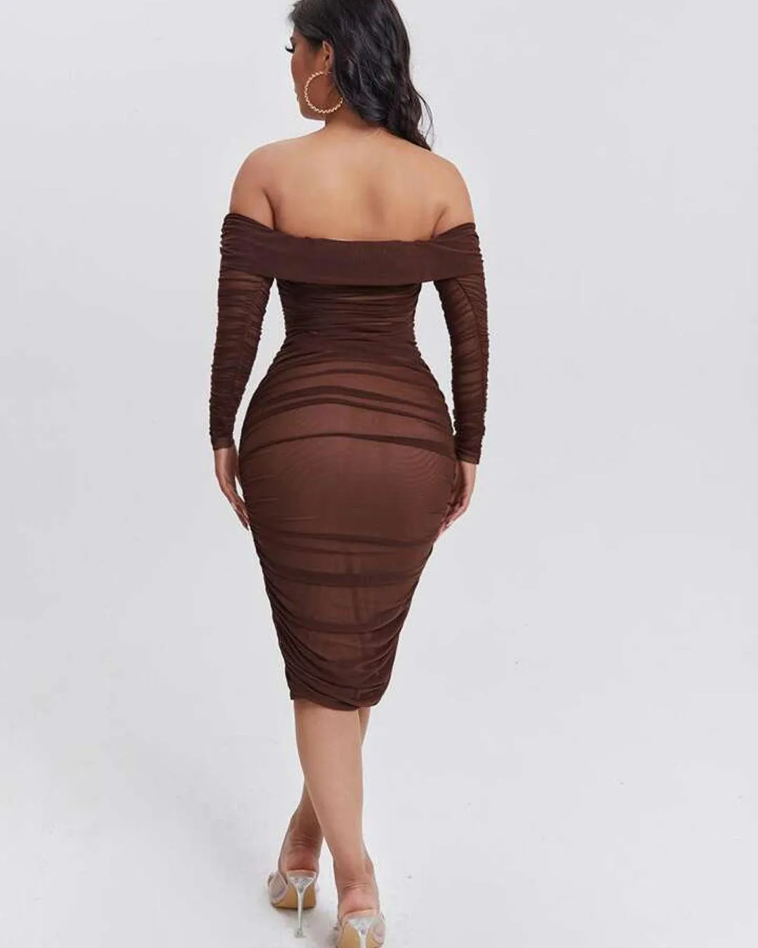 Off-Shoulder Dress With Open Mesh Fabric In Coco Brown