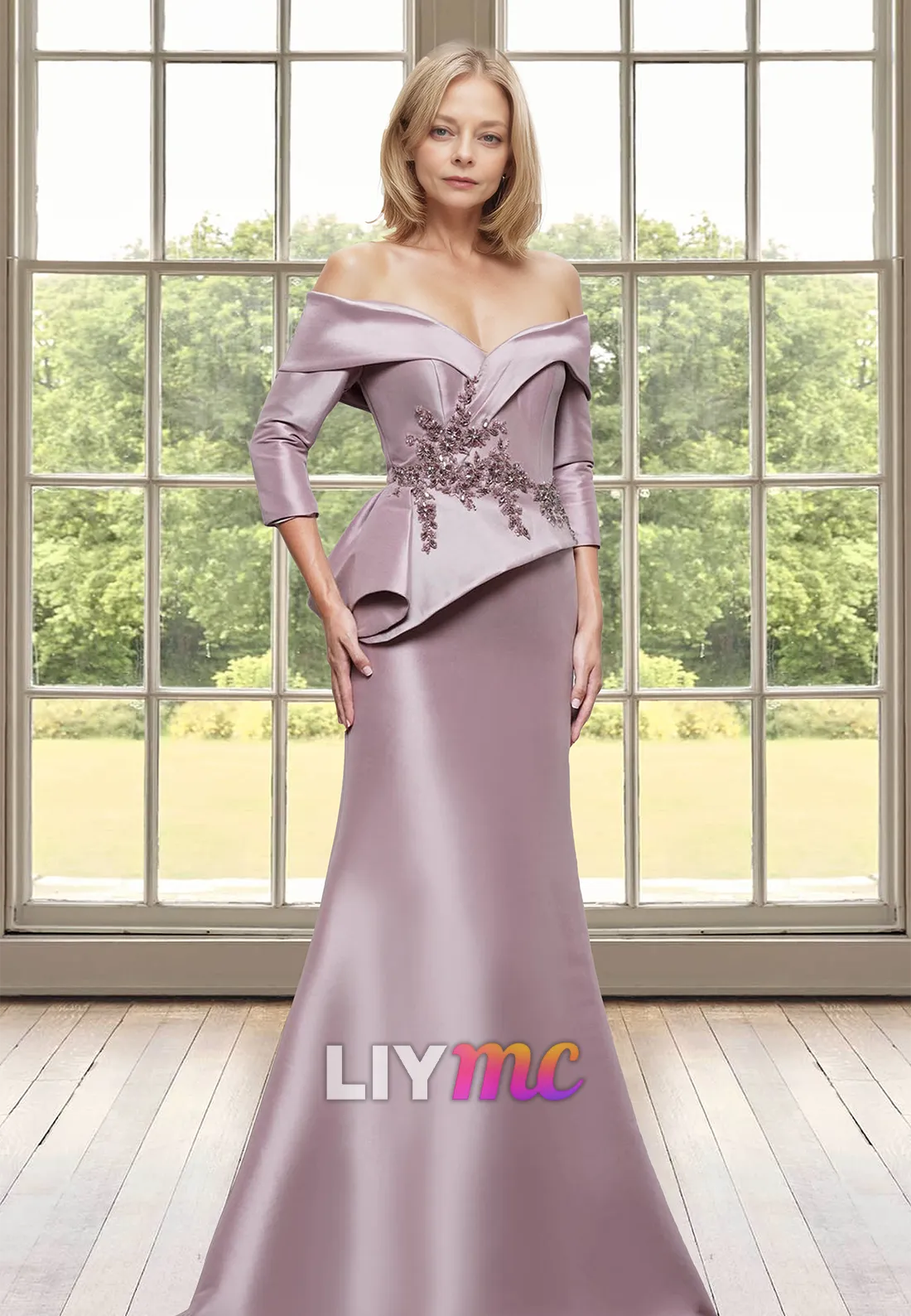 Off-Shoulder Long Sleeves Appliques Ruffled Mermaid Satin Mother of Bride Dress