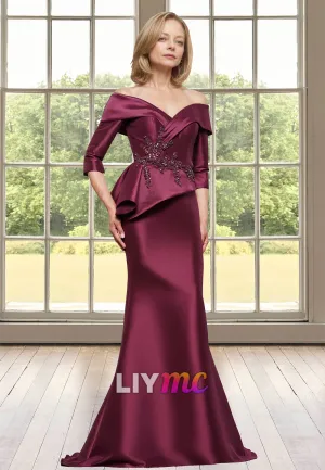Off-Shoulder Long Sleeves Appliques Ruffled Mermaid Satin Mother of Bride Dress