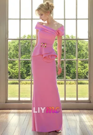Off-Shoulder Strapless Ruffled Sleek Satin Sheath Mother of Bride Dress