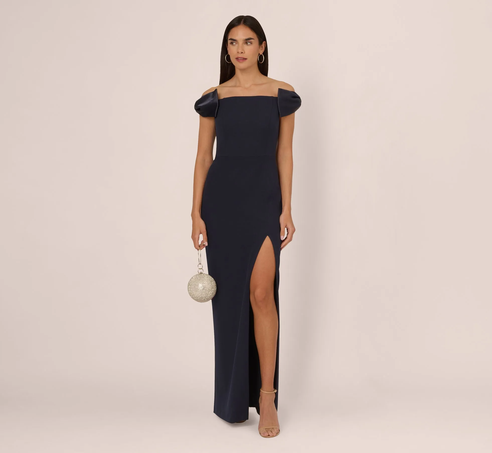 Off The Shoulder Crepe Column Gown With Bow Accents In Twilight