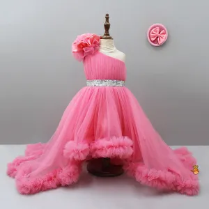 One Shoulder High Low Pink Net Dress With Matching Hairclip