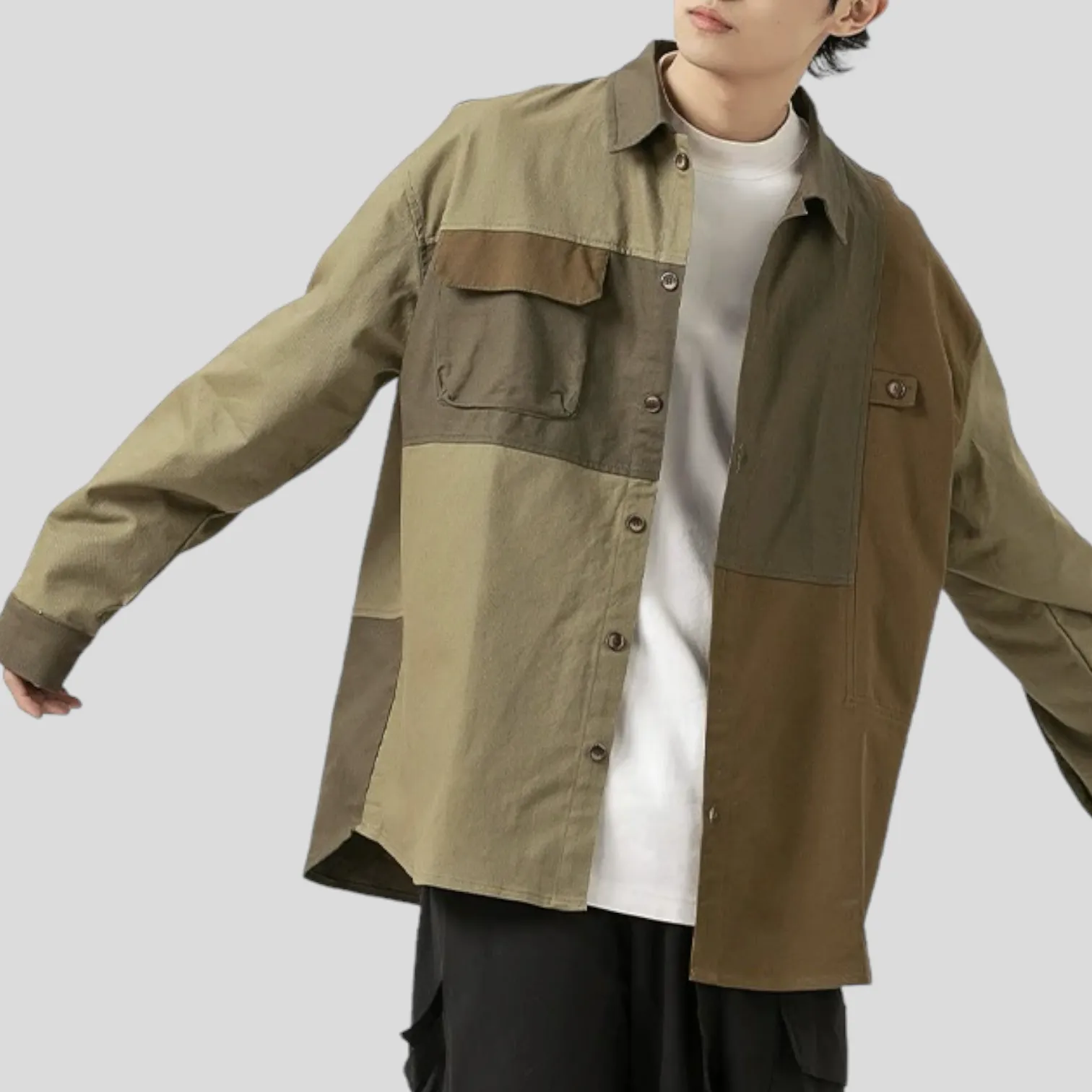 Oversized fit color block cotton canvas shirt