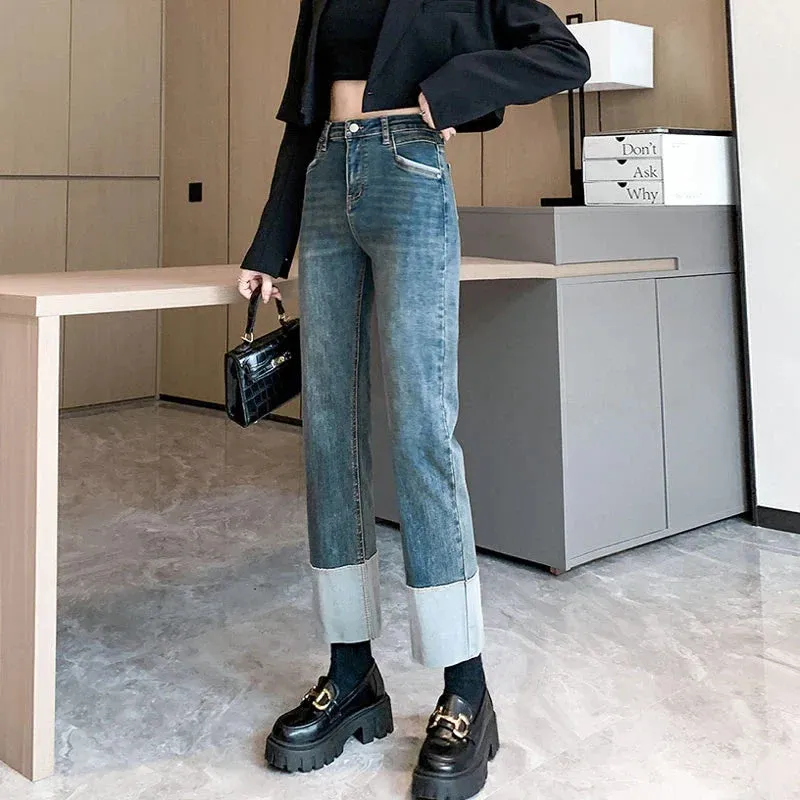 People Hit Color Splicing Flap Casual Elastic Slim Retro Straight High-Waisted Jeans