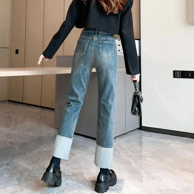 People Hit Color Splicing Flap Casual Elastic Slim Retro Straight High-Waisted Jeans
