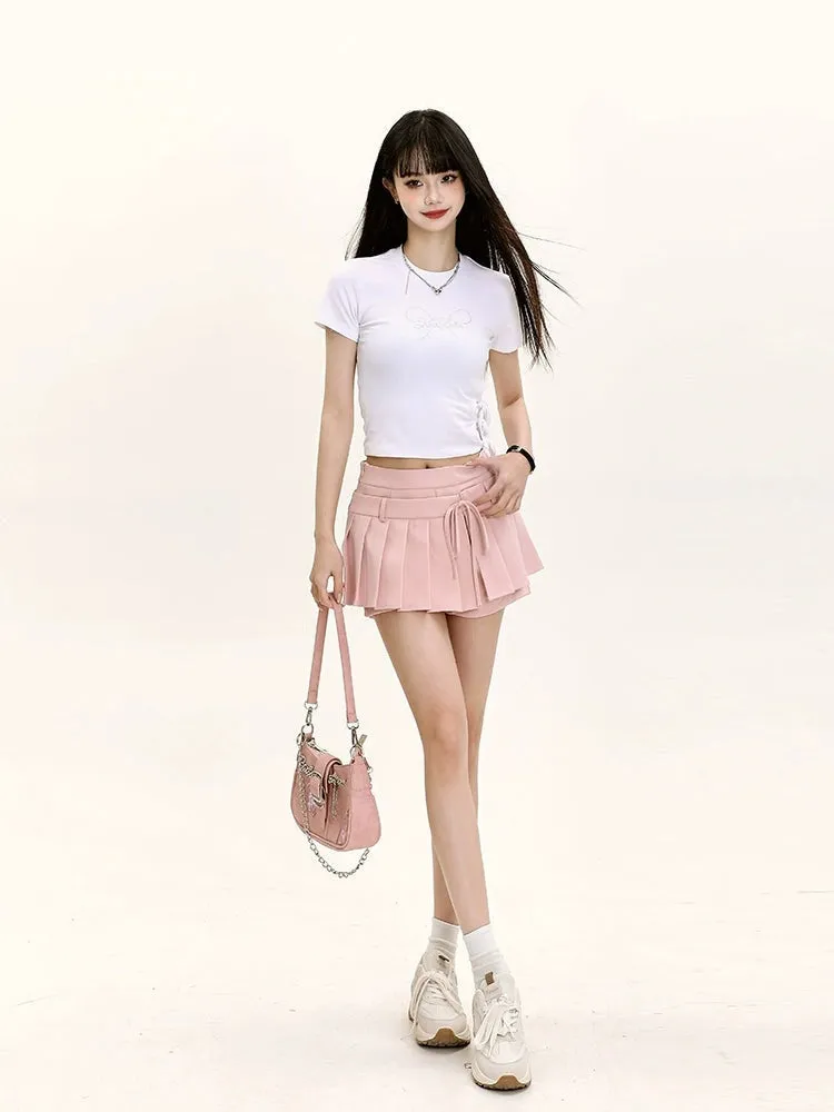 Pleated High-Waist Mini Skirt with Tie Belt