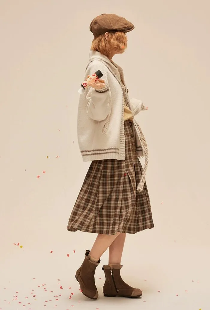Pleated Plaid Midi Skirt with Button Detail