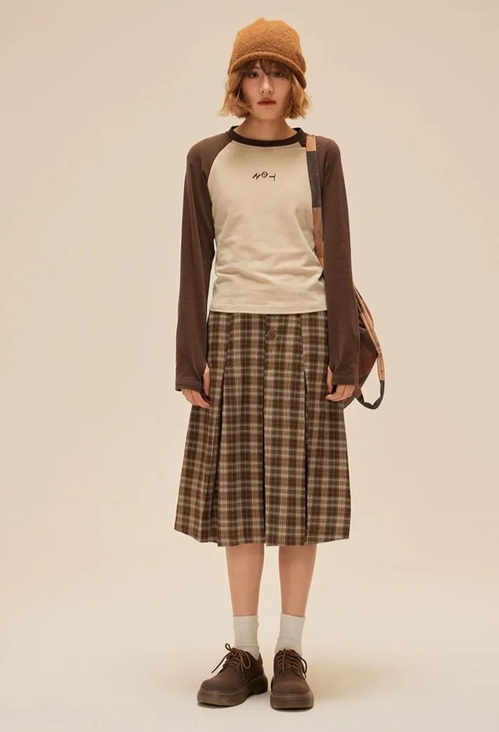 Pleated Plaid Midi Skirt with Button Detail