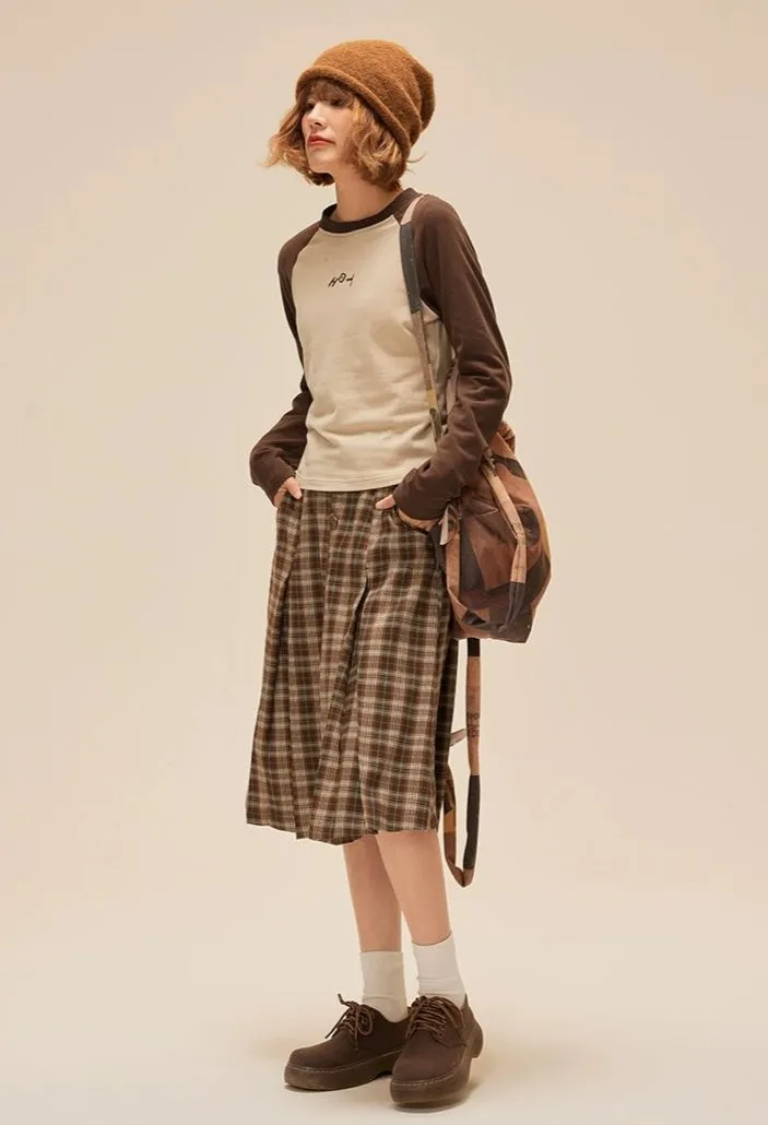 Pleated Plaid Midi Skirt with Button Detail