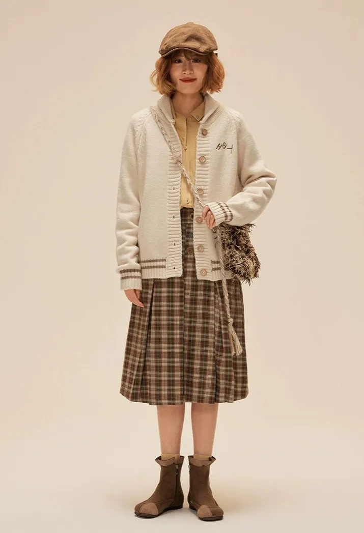 Pleated Plaid Midi Skirt with Button Detail