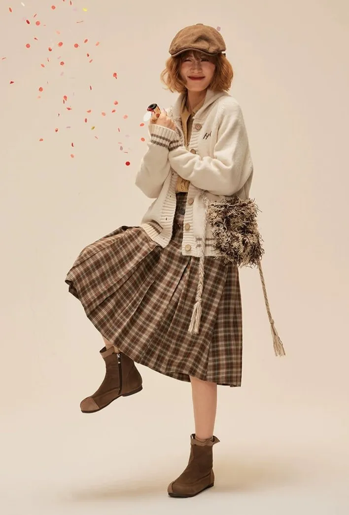 Pleated Plaid Midi Skirt with Button Detail