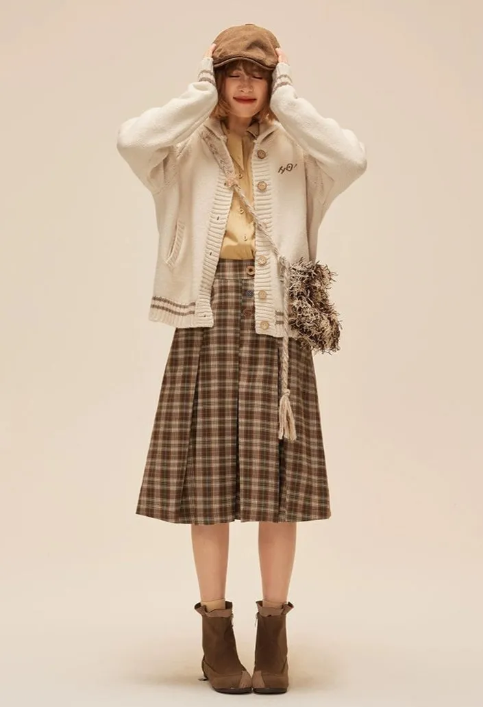 Pleated Plaid Midi Skirt with Button Detail