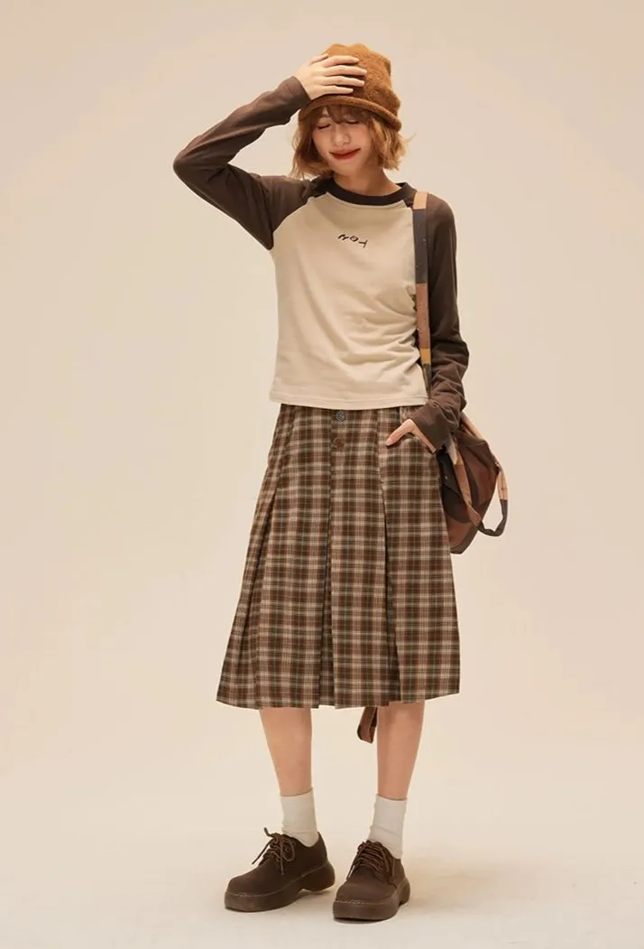 Pleated Plaid Midi Skirt with Button Detail