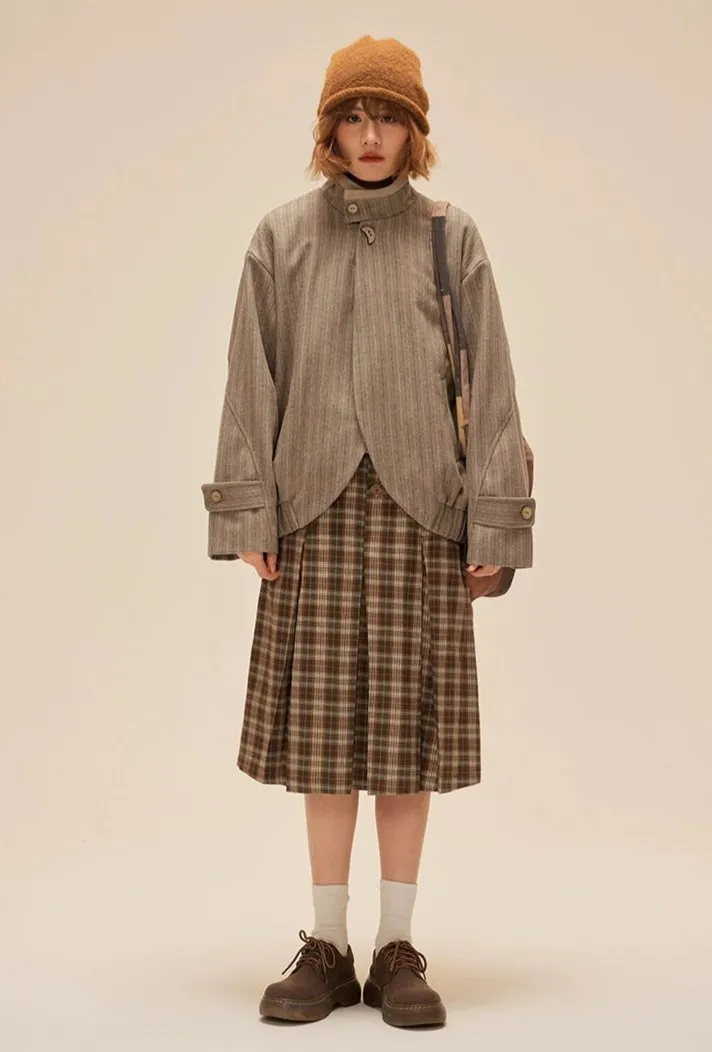 Pleated Plaid Midi Skirt with Button Detail