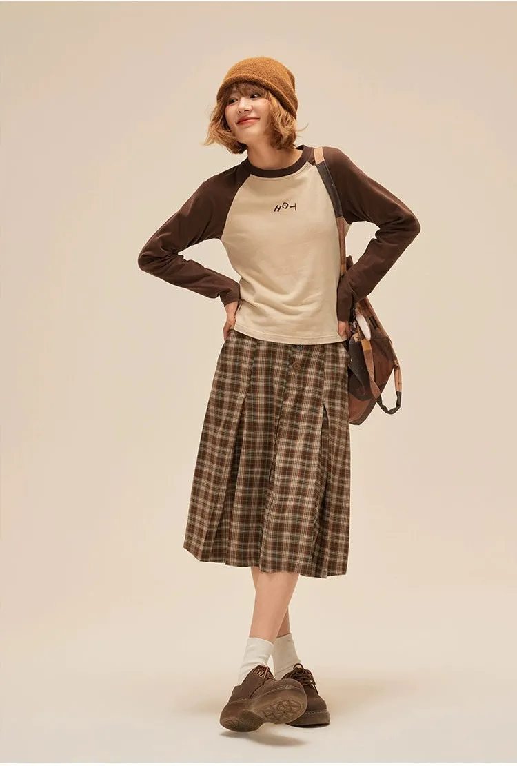 Pleated Plaid Midi Skirt with Button Detail