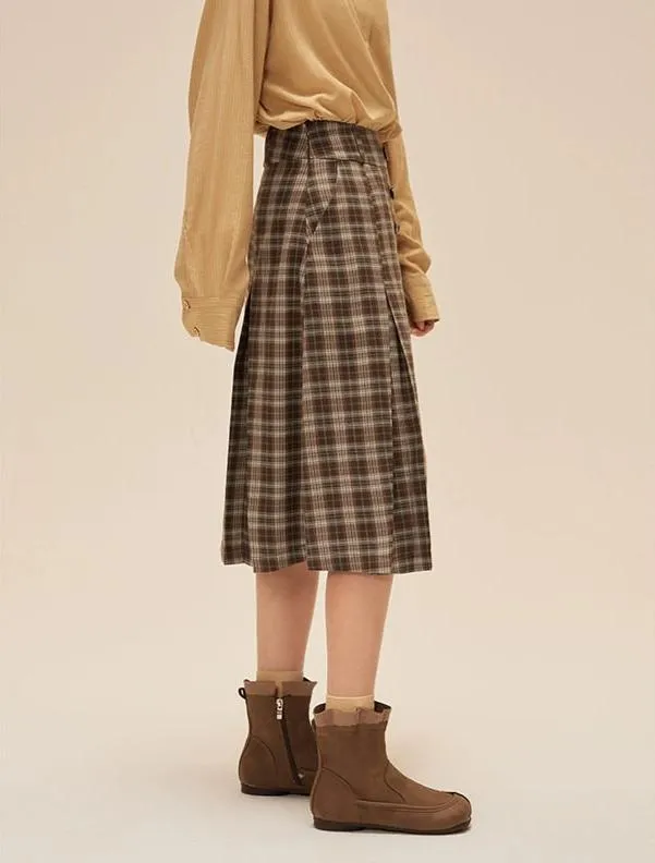 Pleated Plaid Midi Skirt with Button Detail