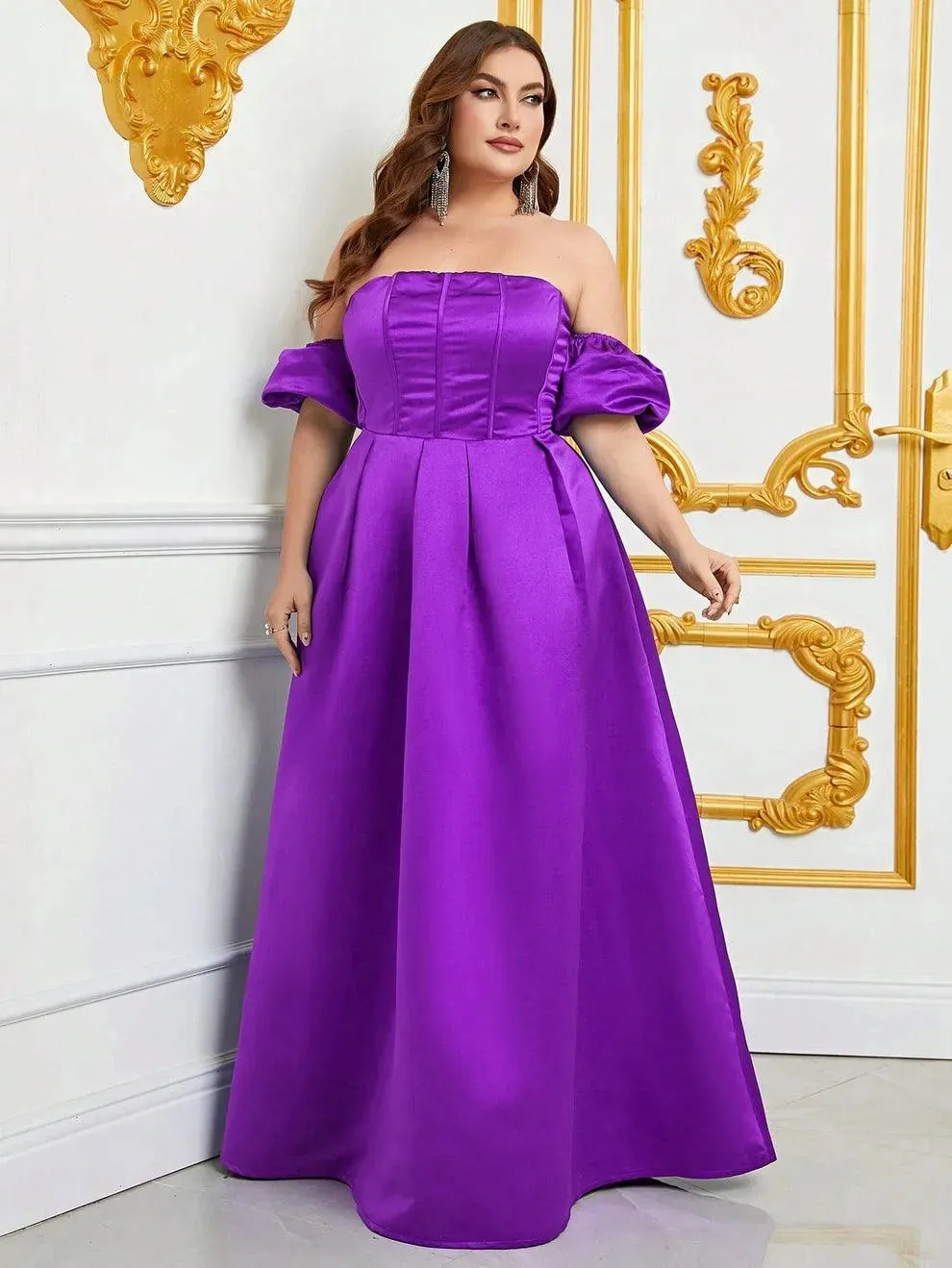 Plus Off Shoulder Puff Sleeves Ruched Bust Satin Prom Dress