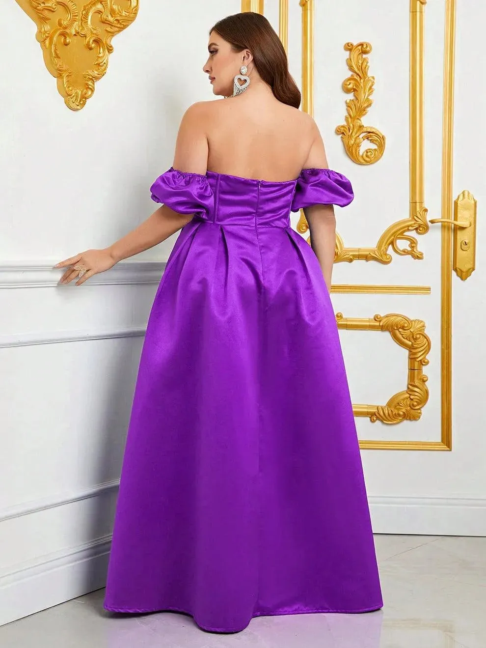 Plus Off Shoulder Puff Sleeves Ruched Bust Satin Prom Dress
