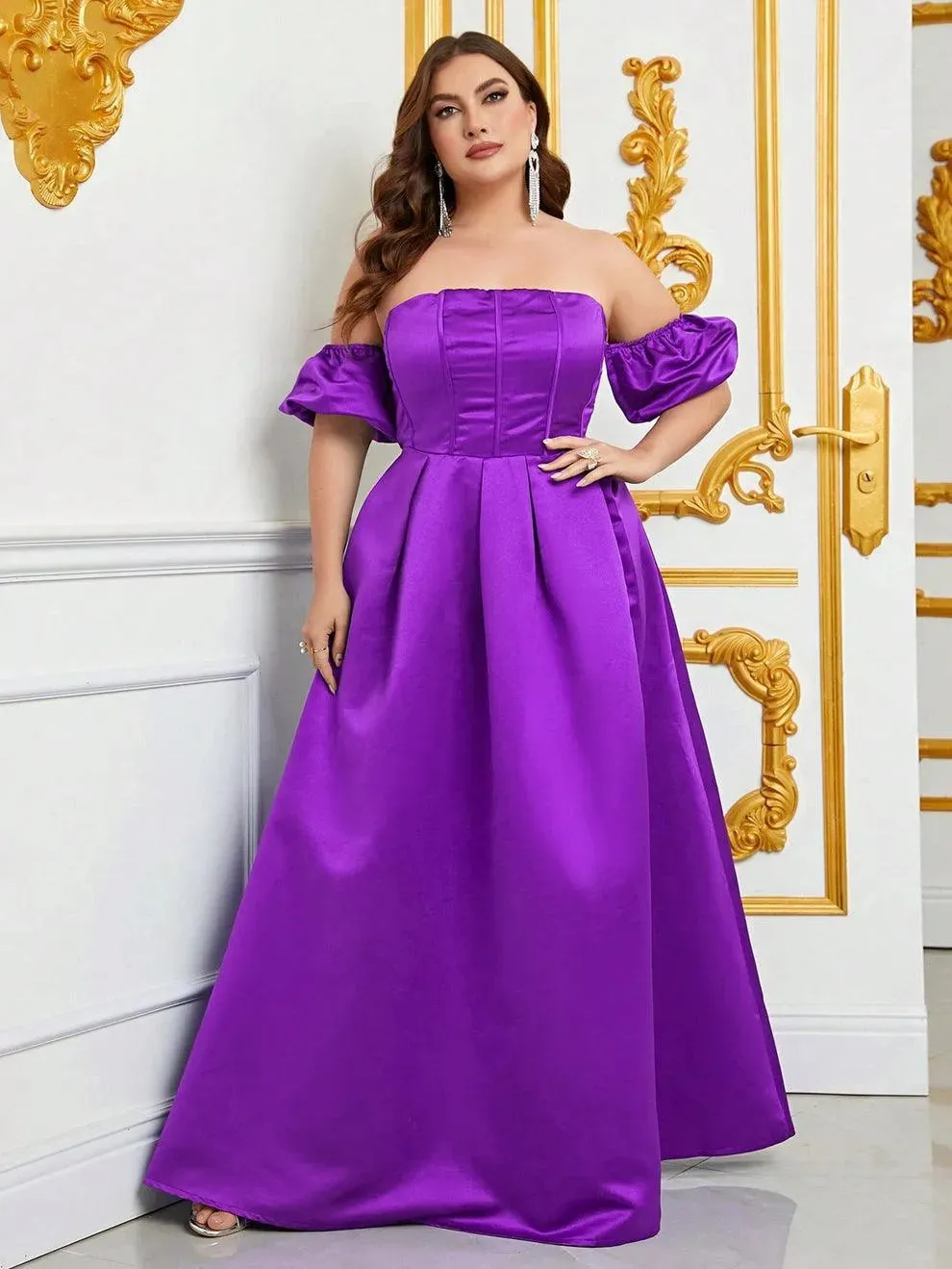 Plus Off Shoulder Puff Sleeves Ruched Bust Satin Prom Dress