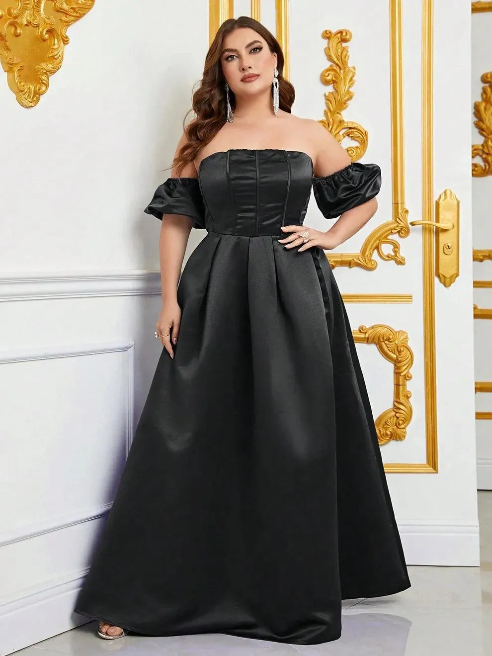 Plus Off Shoulder Puff Sleeves Ruched Bust Satin Prom Dress