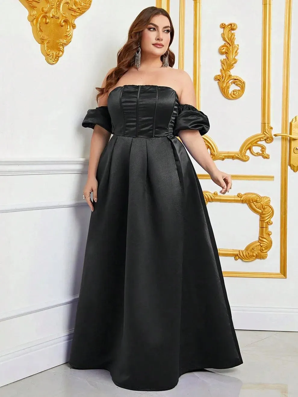 Plus Off Shoulder Puff Sleeves Ruched Bust Satin Prom Dress