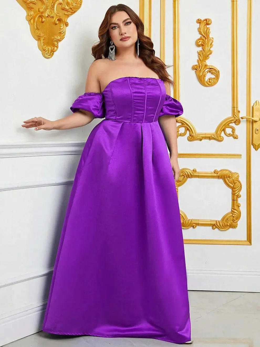 Plus Off Shoulder Puff Sleeves Ruched Bust Satin Prom Dress