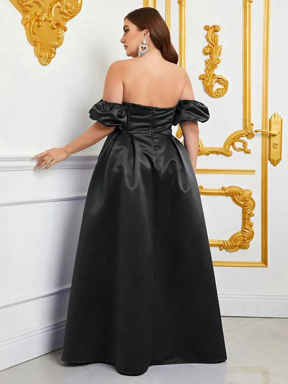 Plus Off Shoulder Puff Sleeves Ruched Bust Satin Prom Dress