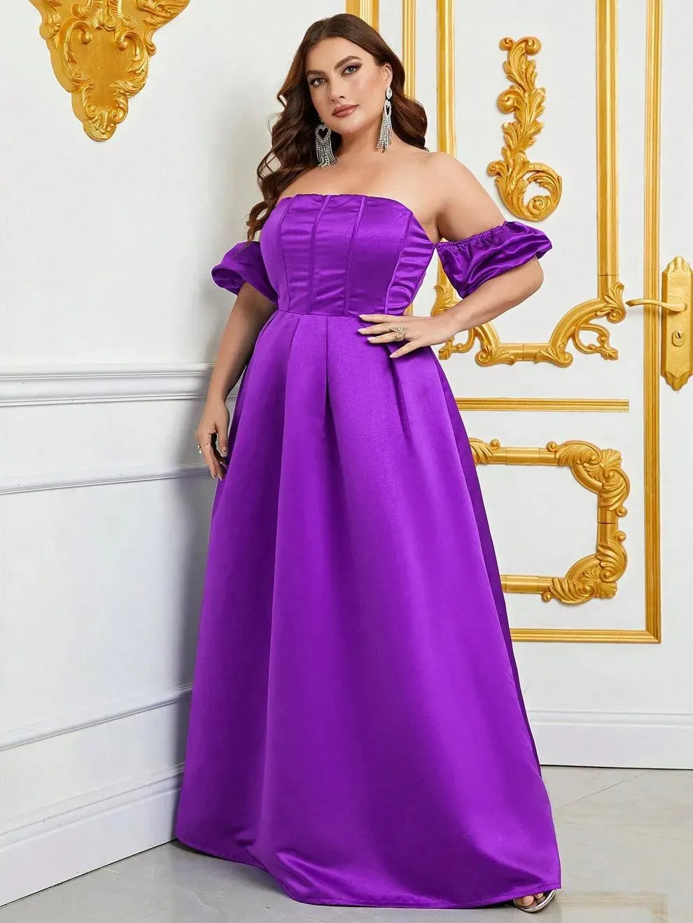 Plus Off Shoulder Puff Sleeves Ruched Bust Satin Prom Dress