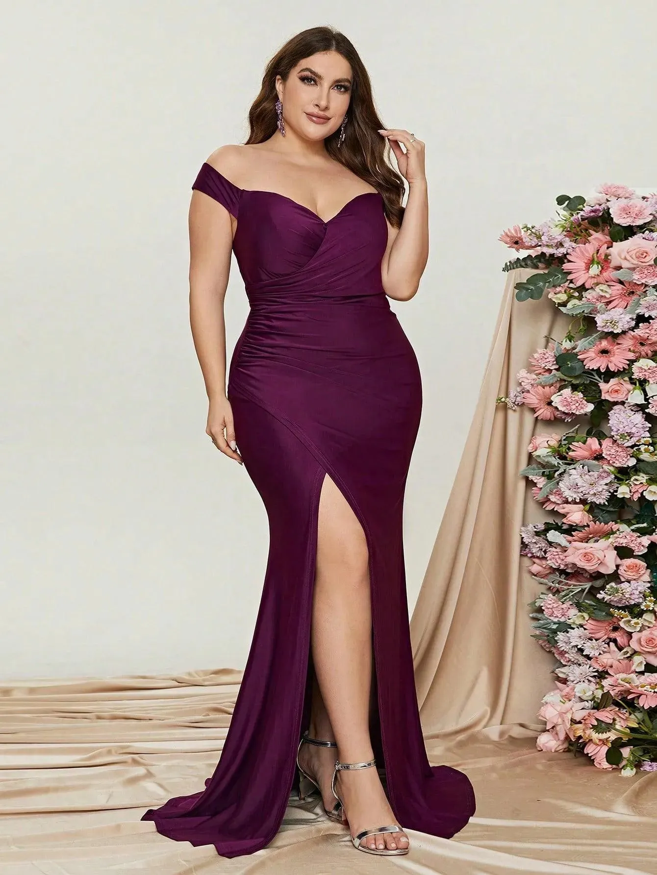 Plus Off Shoulder Ruched Wrap Hem Formal Dress