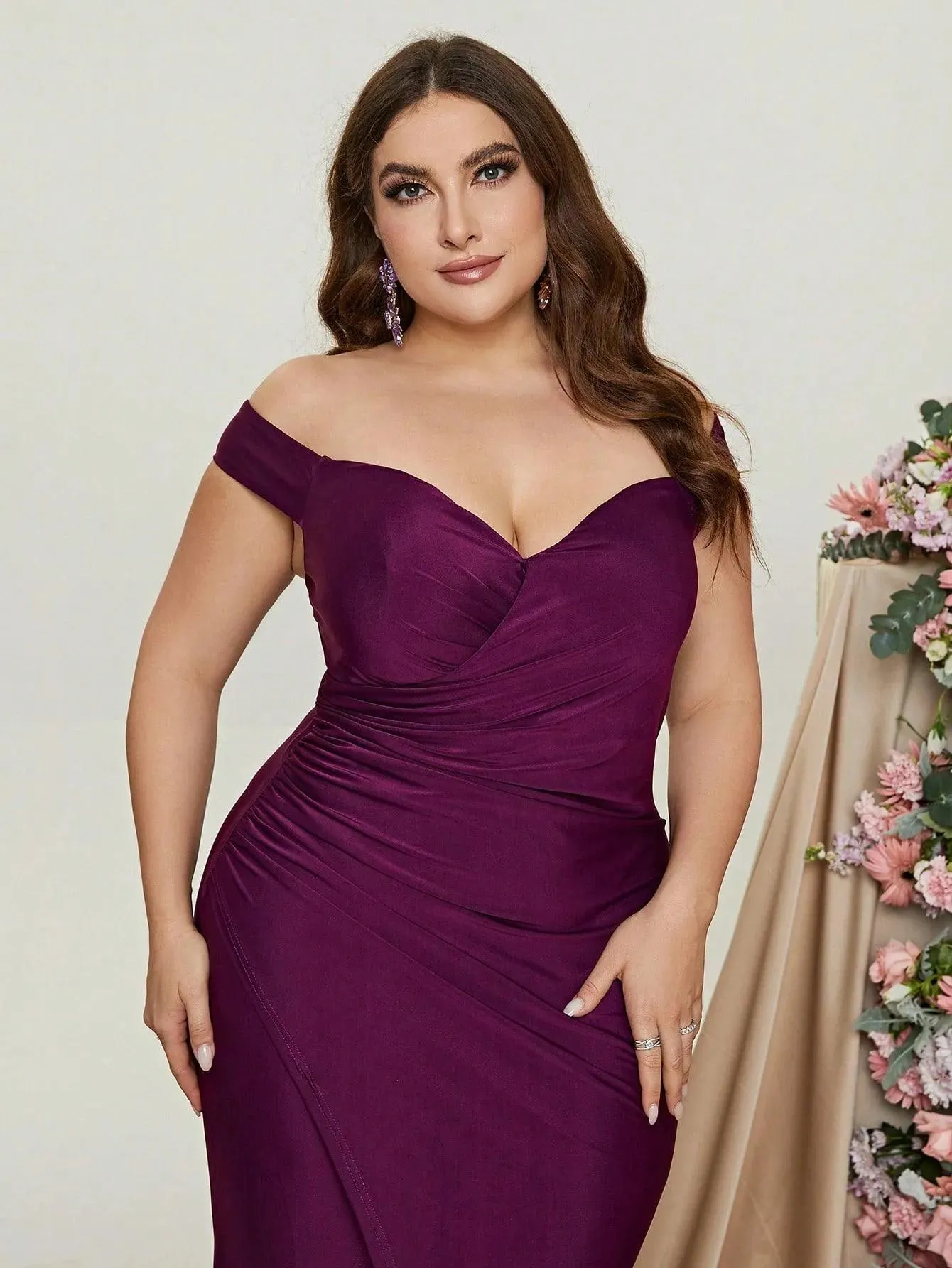 Plus Off Shoulder Ruched Wrap Hem Formal Dress