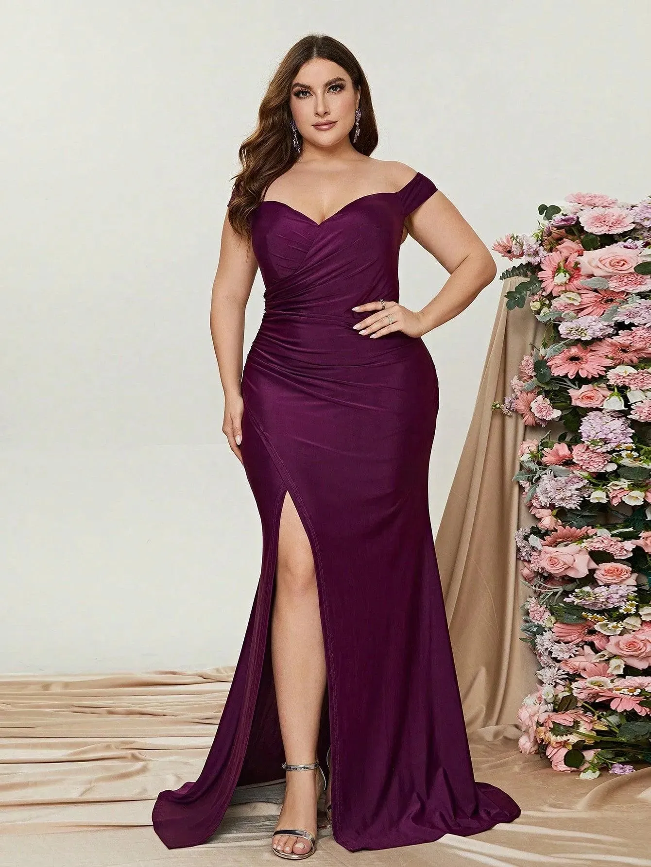 Plus Off Shoulder Ruched Wrap Hem Formal Dress