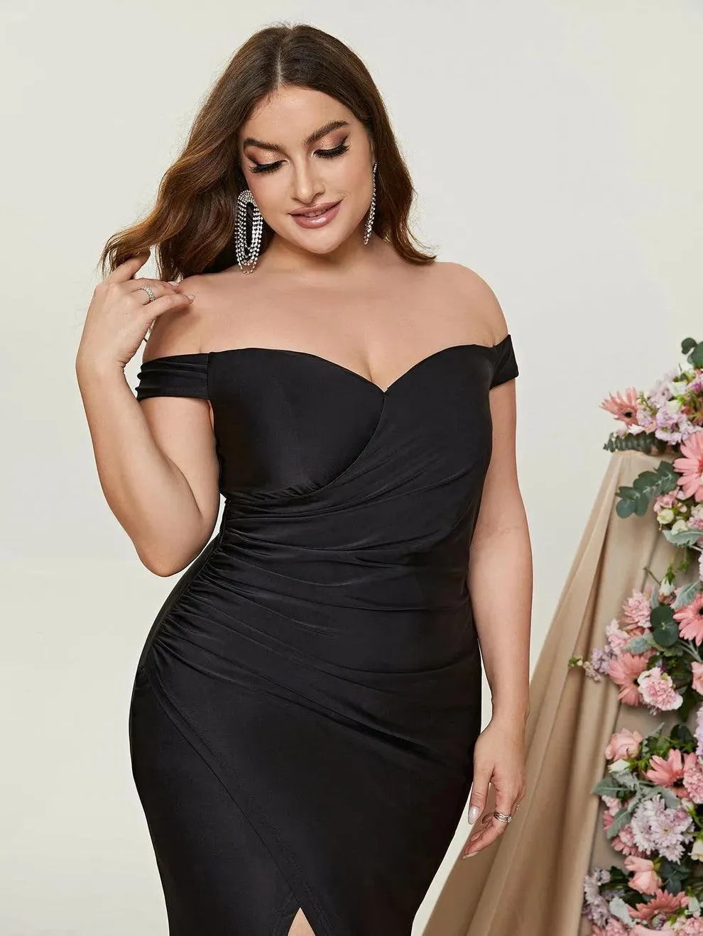 Plus Off Shoulder Ruched Wrap Hem Formal Dress