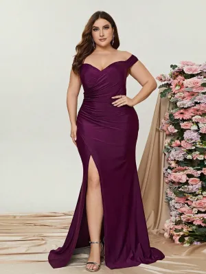 Plus Off Shoulder Ruched Wrap Hem Formal Dress