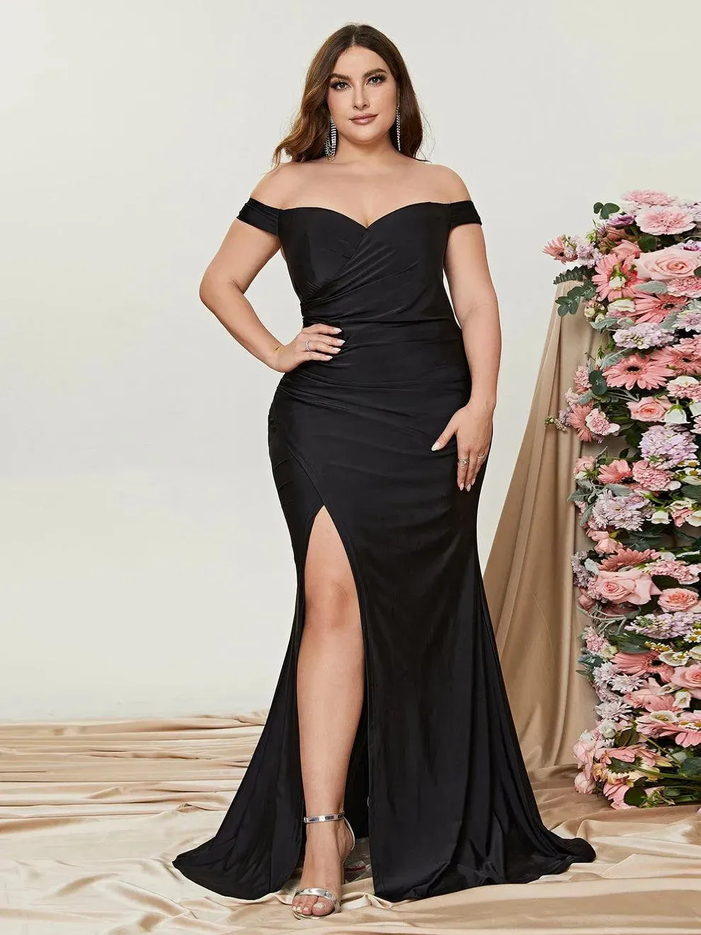 Plus Off Shoulder Ruched Wrap Hem Formal Dress