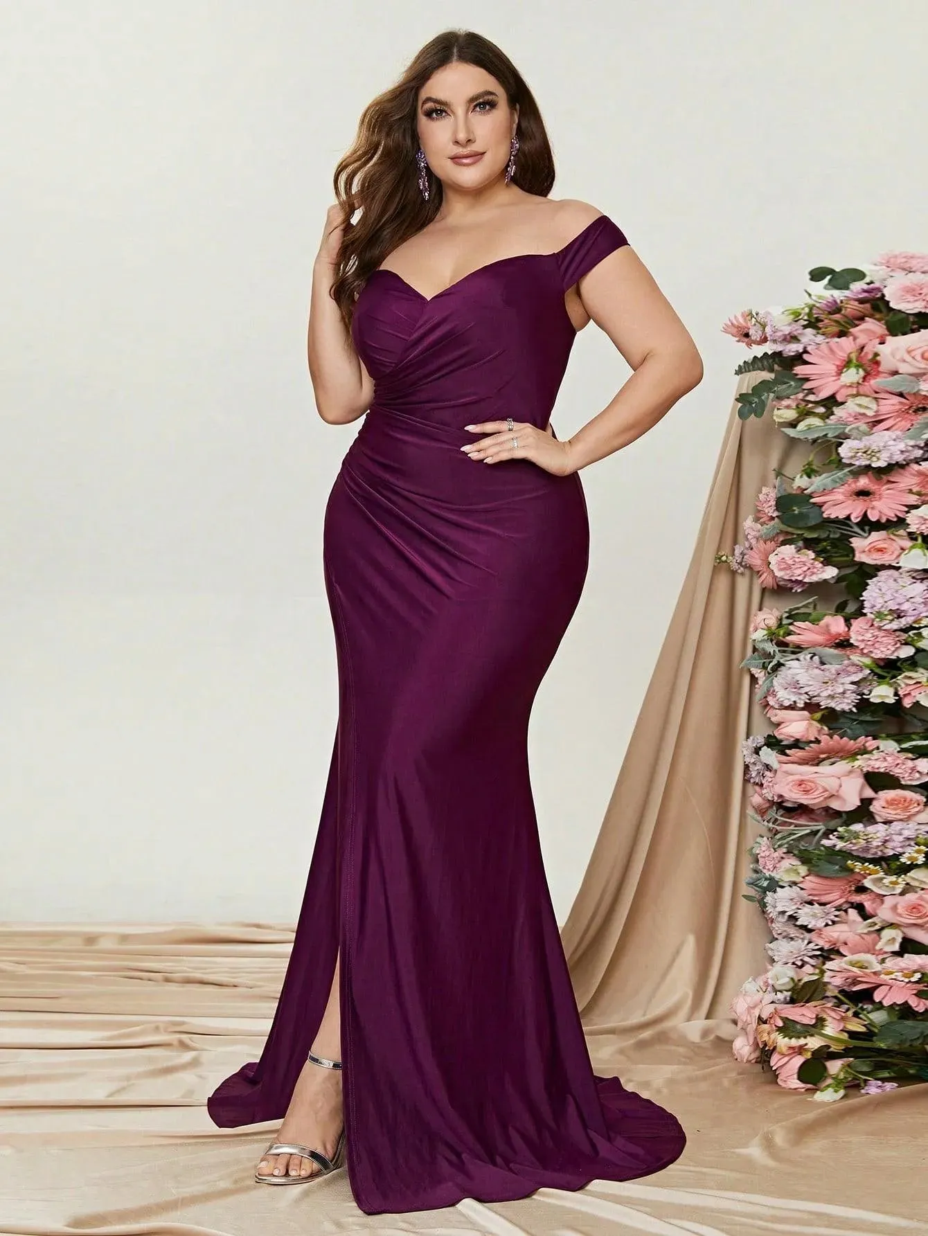Plus Off Shoulder Ruched Wrap Hem Formal Dress