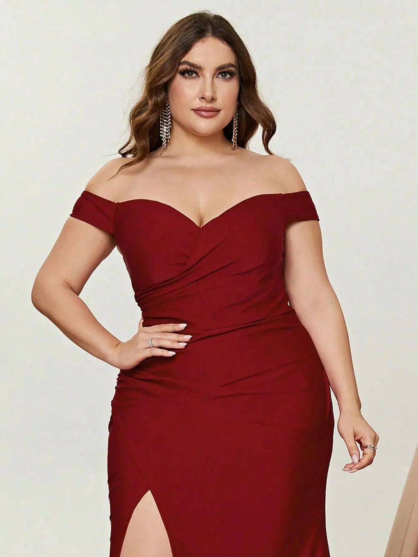 Plus Off Shoulder Ruched Wrap Hem Formal Dress