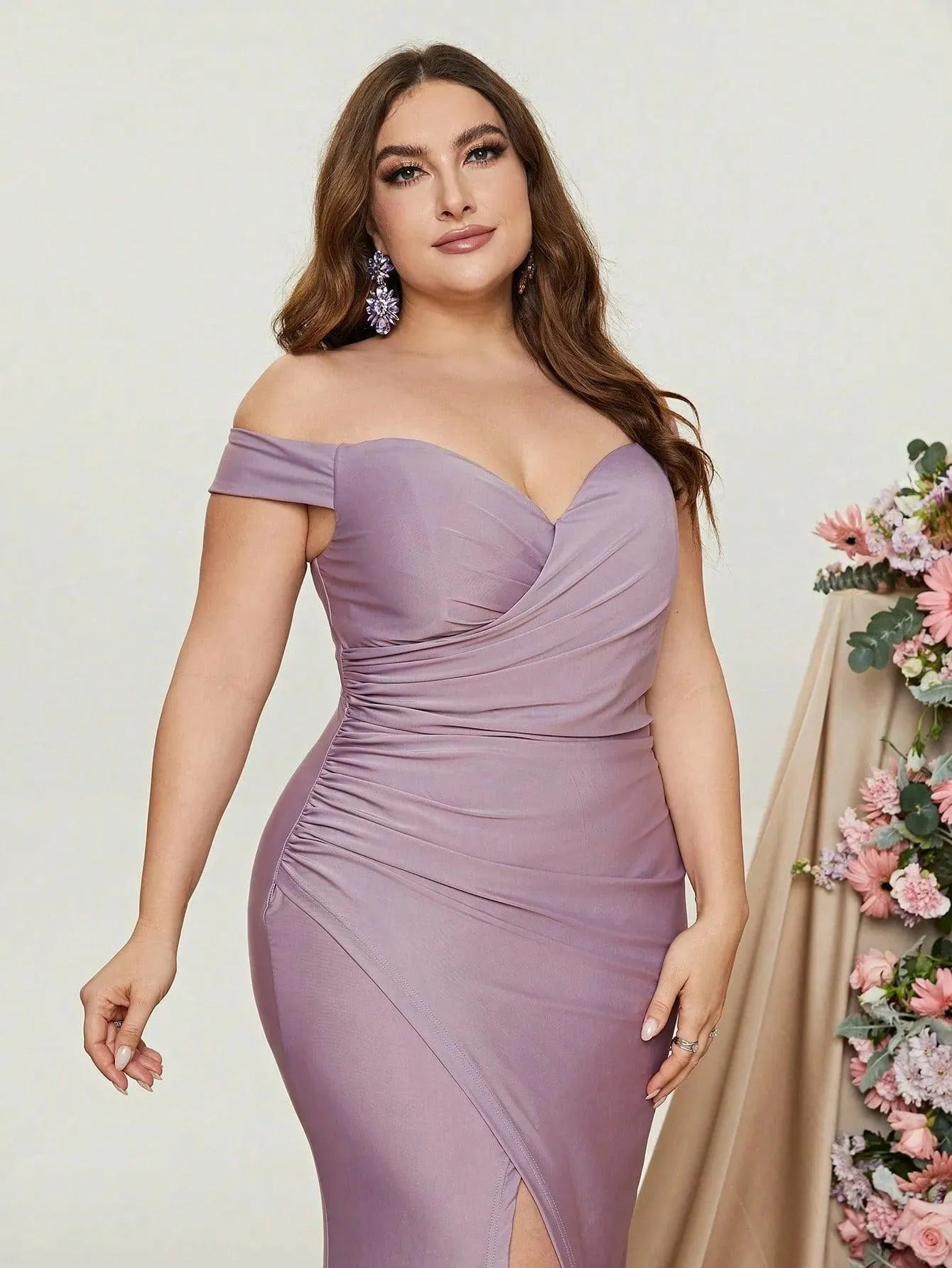 Plus Off Shoulder Ruched Wrap Hem Formal Dress