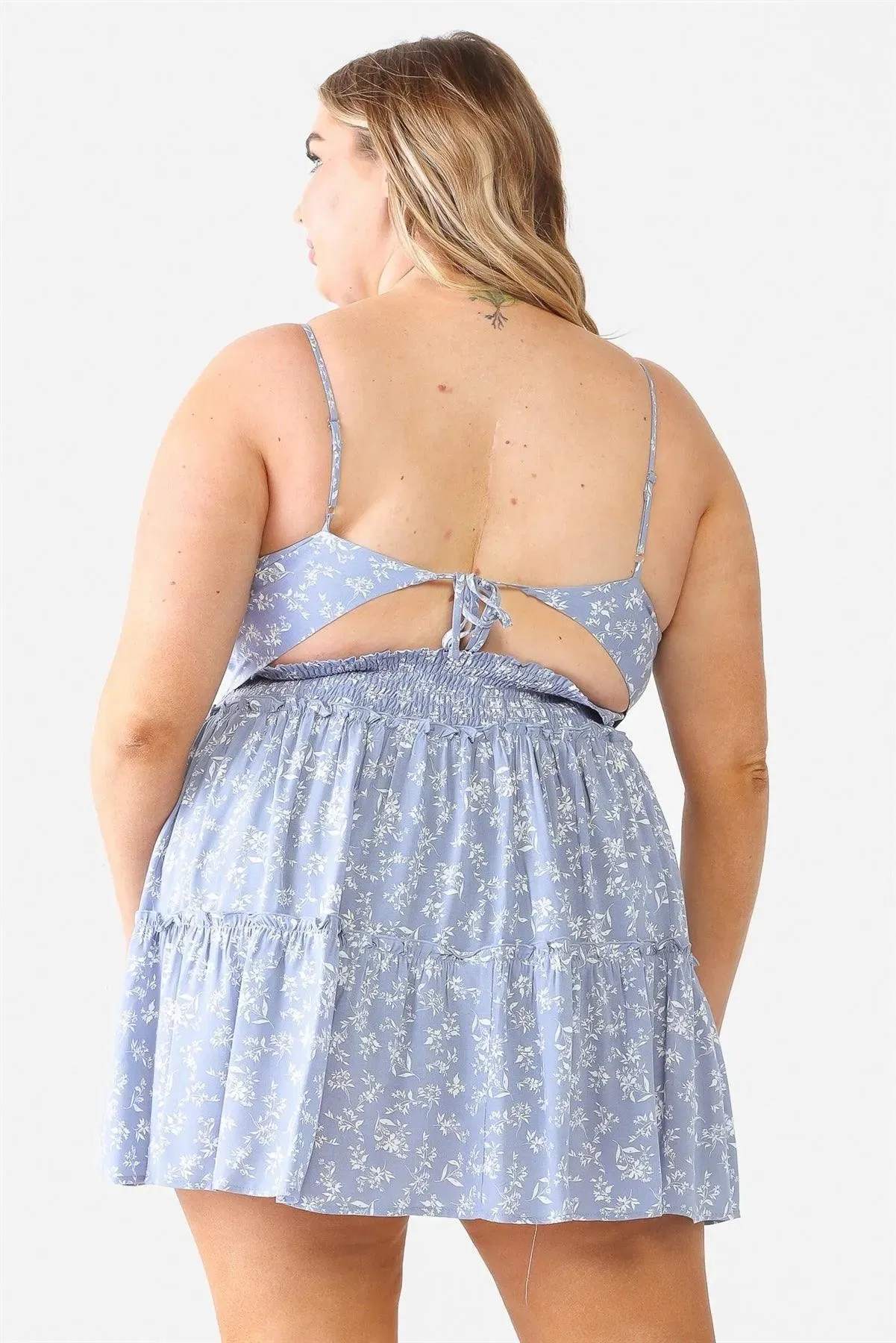 Plus Size Blue Flower Hanky Hem Top & High Waist Mini Skirt Set