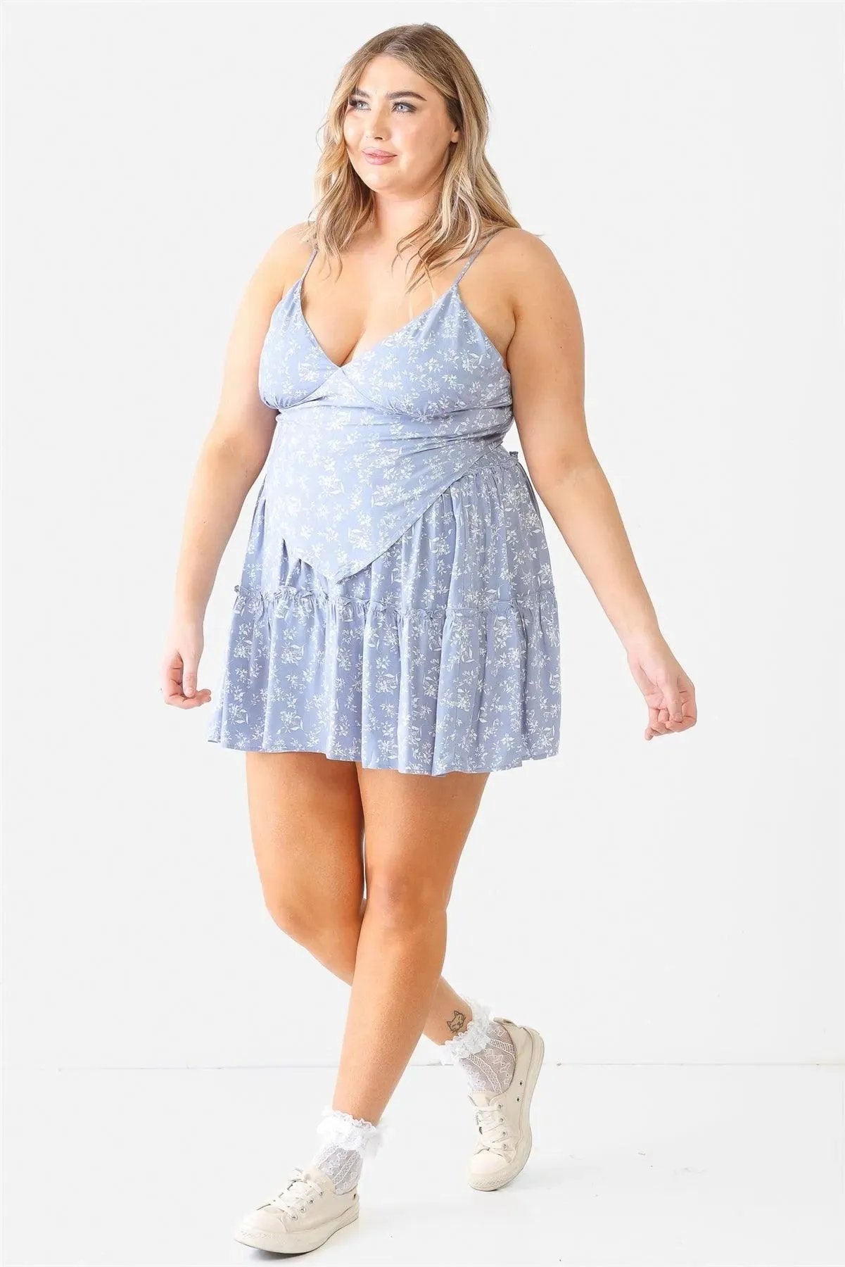 Plus Size Blue Flower Hanky Hem Top & High Waist Mini Skirt Set